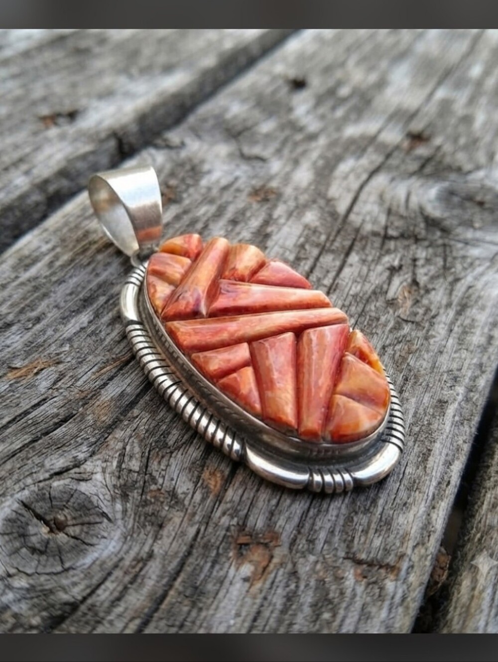 STERLING SILVER, Spiny Oyster inlay PENDANT, SIGNED - Picture 6 of 16